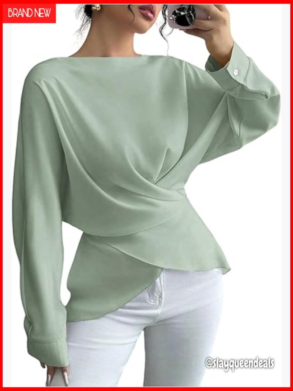 Long Sleeve Criss Cross Wrap Blouse Boat Neck Tie Back Elegant
